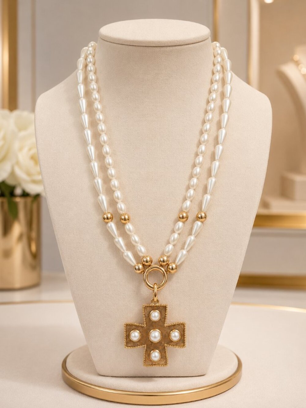 Pearl Cross Necklace, Gold Tone Statement Pendant, Double Strand Faux Pearl Jewe